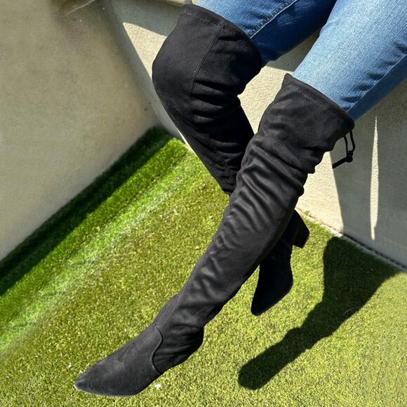 NEW🔥 Black OTK Over The Knee Boot Drawstring Tie Lace Up Pointed Toe Block Heel - Picture 5 of 5